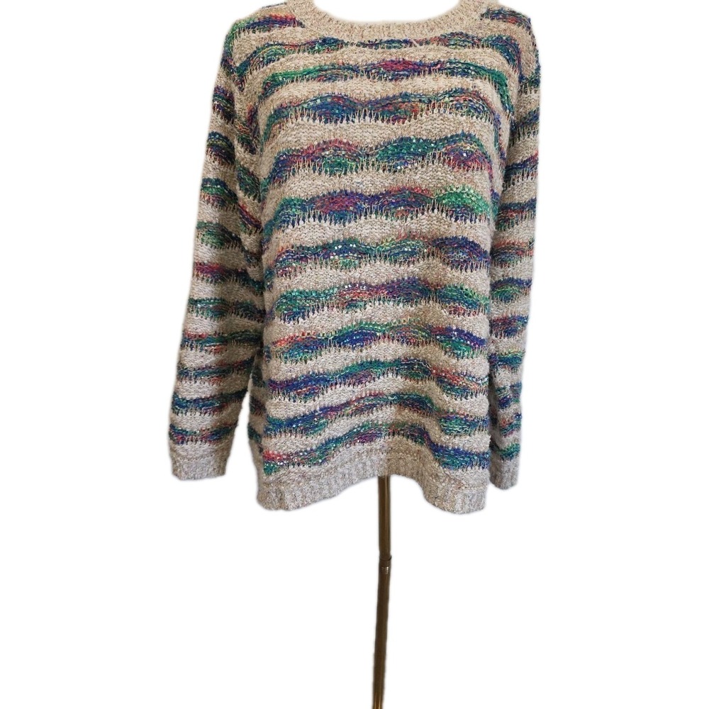 Lauren Michelle Women 1X Blue Green Sweater Knit Gold Thread Quiet Luxury